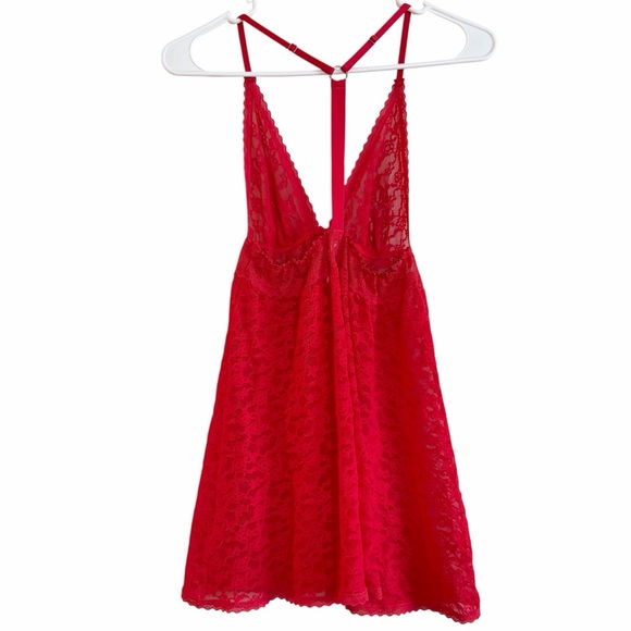 Victoria’s Secret Red Lace Sheer Split Front Babydoll Cami Sexy Lingerie Top M - Picture 2 of 4
